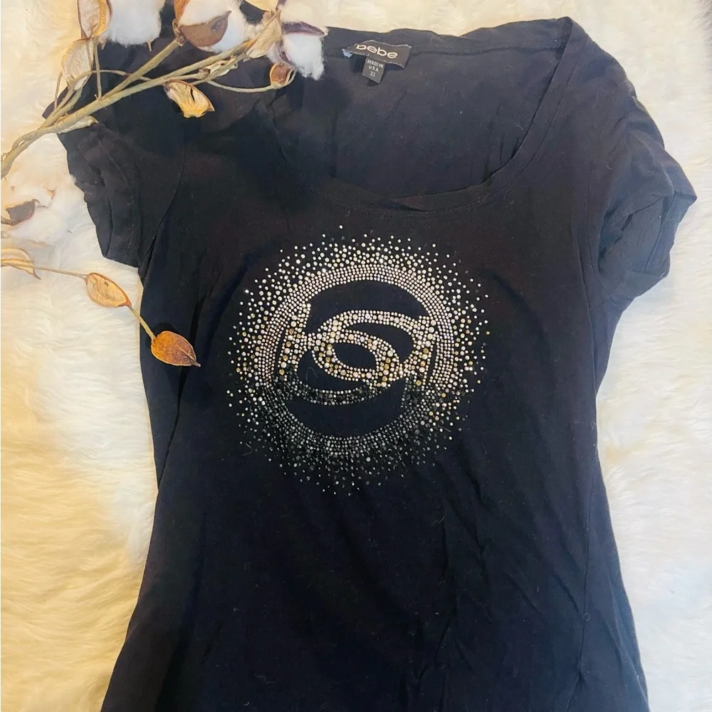 Bebe Black Tee with Silver Design - Picture 1 of 3